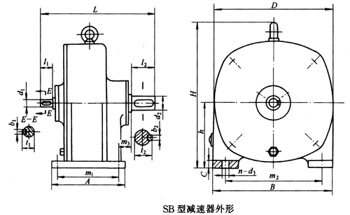 SB系列雙擺線針輪減速機外形及安裝尺寸、針齒中心圓直徑及傳動比